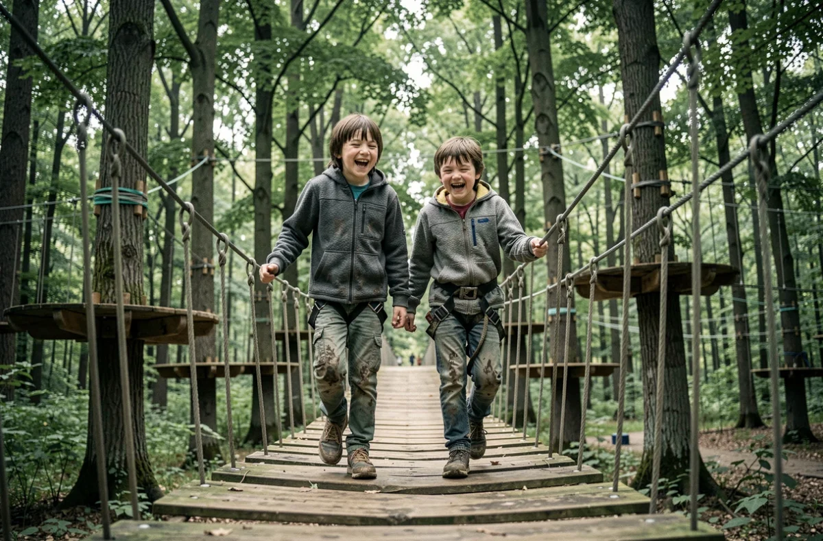 Enfants sur un pont de corde dans le parc d'aventure forestier Forestia