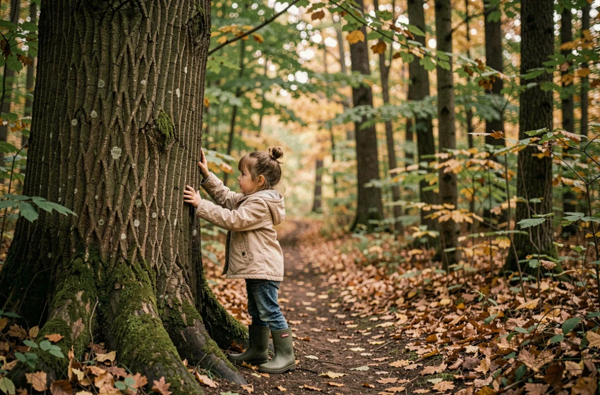 Une petite fille explorant les sentiers boisés du Parc forestier de la Poudrerie à Sevran-Livry parmi les grands chênes