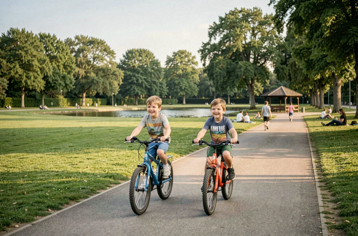 Deux enfants faisant du vélo sur une allée du Parc Georges-Valbon à La Courneuve, avec un grand lac et des pelouses en arrière-plan