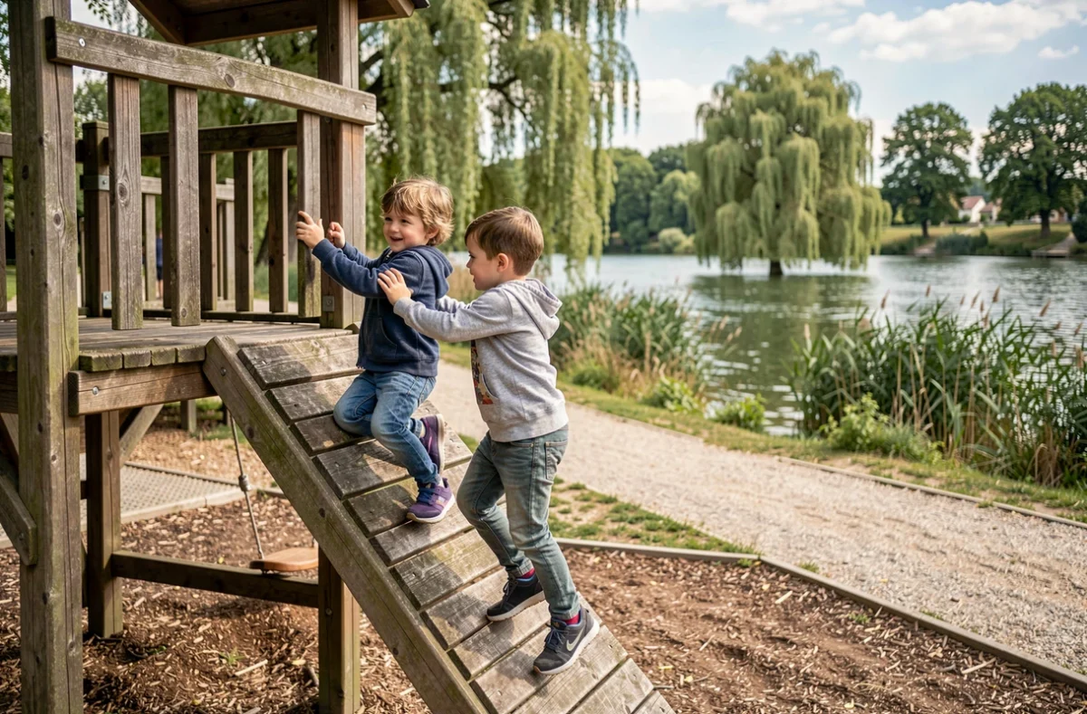 Deux enfants jouant sur une structure en bois au Parc de la Haute-Île à Neuilly-sur-Marne avec la rivière Marne en arrière-plan