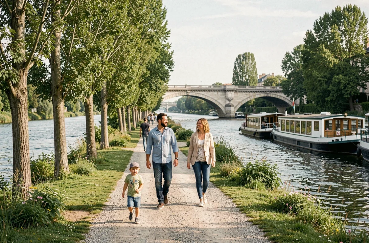 Une famille se promenant le long du chemin de halage du Parc de l'Île-Saint-Denis avec la Seine et des péniches en arrière-plan