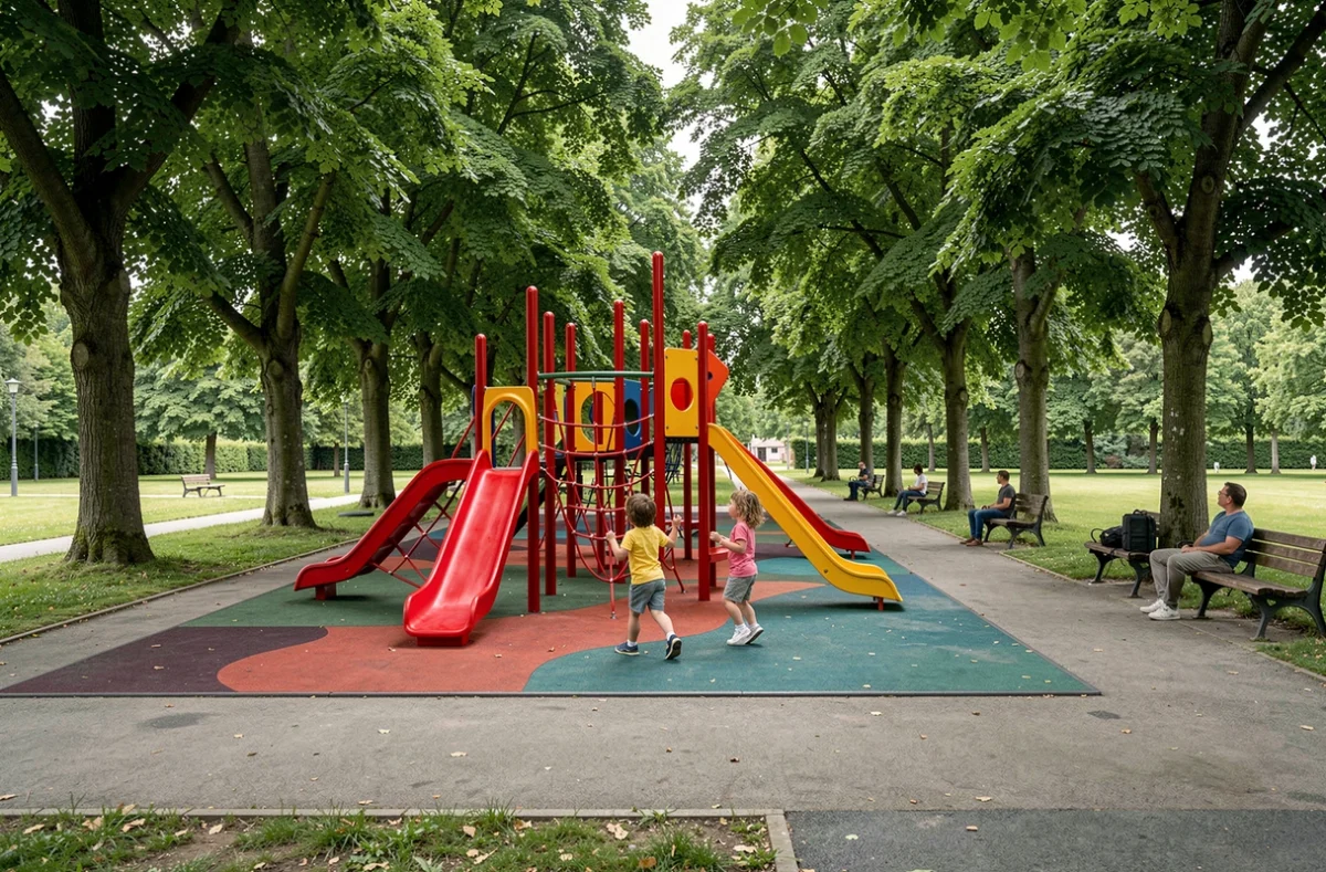 Trois enfants jouant sur les structures de jeux colorées du Parc Lefèvre à Livry-Gargan entouré d'arbres matures