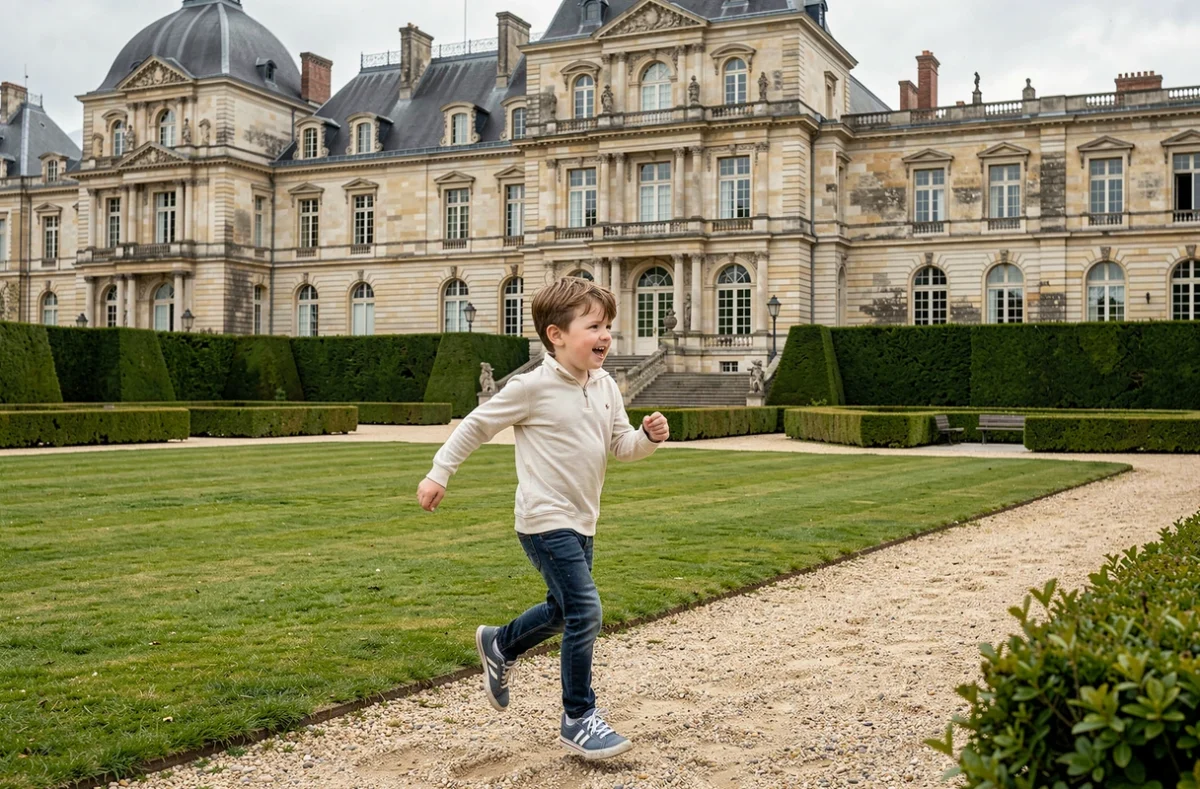 Un enfant courant sur la pelouse devant le château historique du Parc de la Légion d'Honneur à Saint-Denis