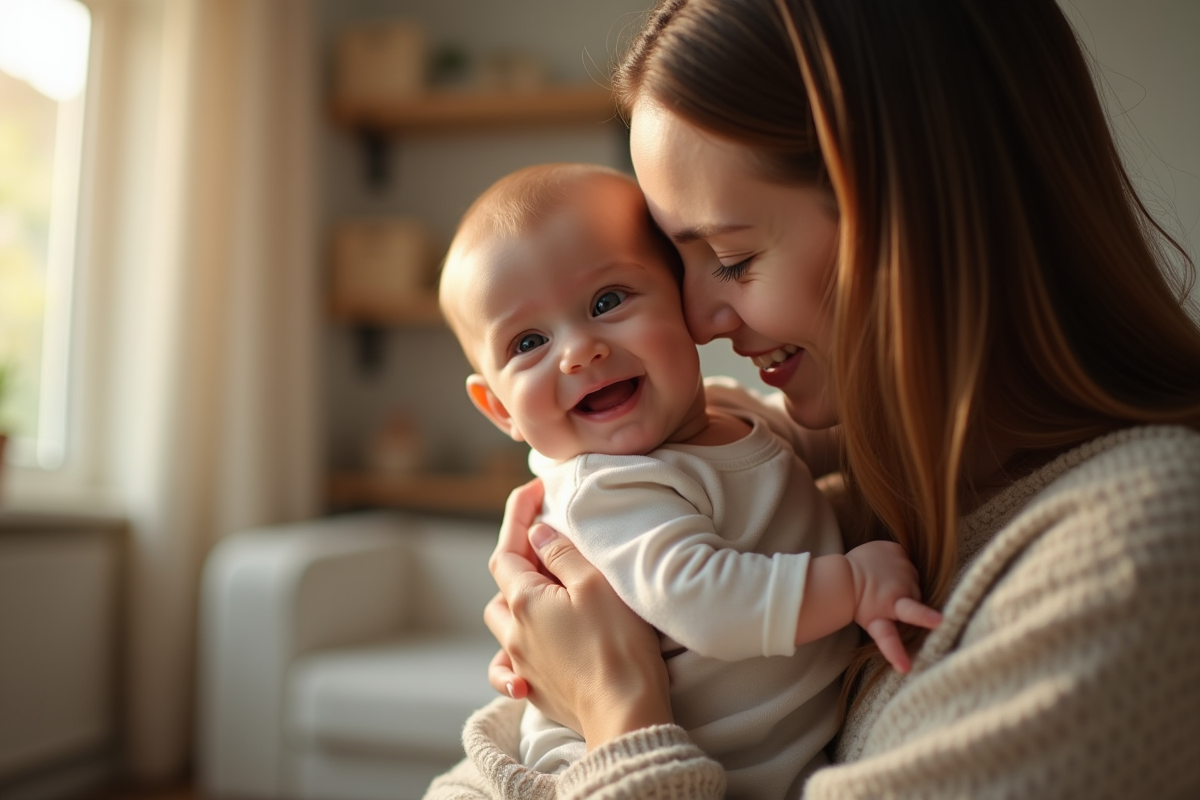 Parent tenant son bébé souriant dans une ambiance chaleureuse