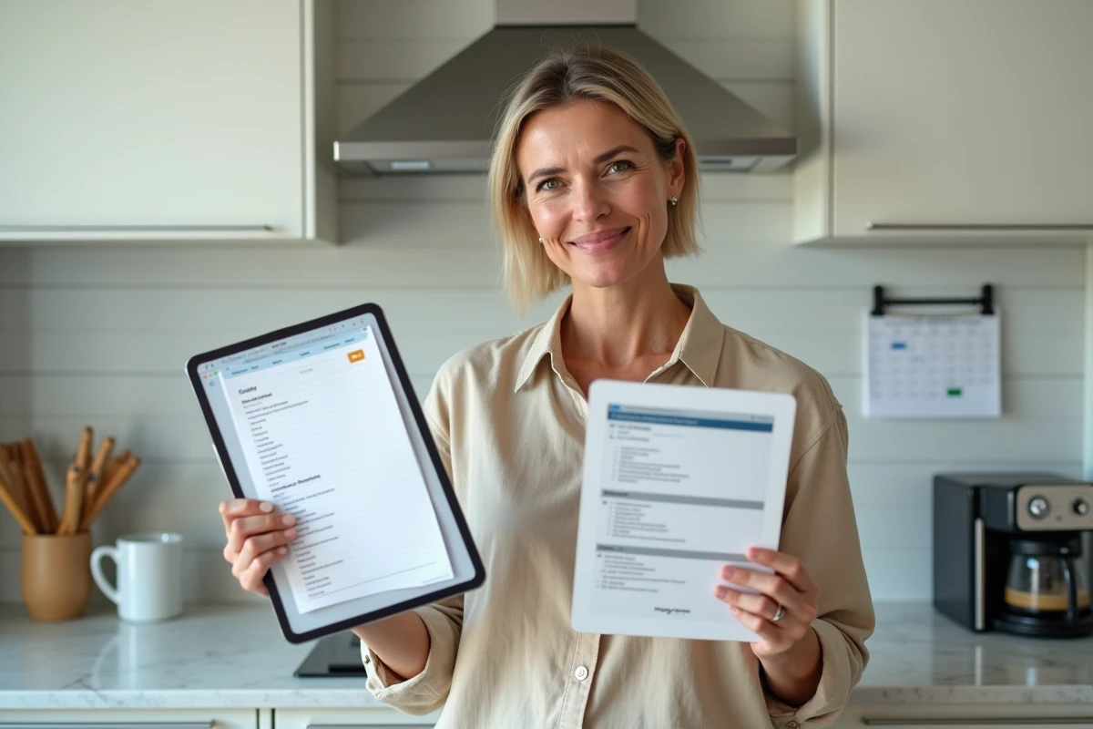 Parent de collégien comparant une liste scolaire papier et une plateforme numérique de classe sur tablette dans une cuisine moderne
