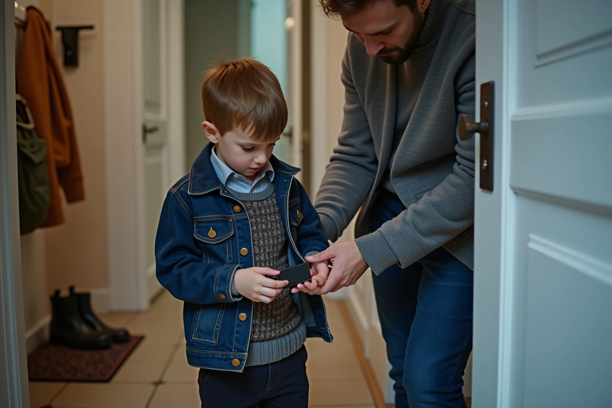 Parent aidant son enfant à fixer un traceur GPS sur sa veste avant l'école