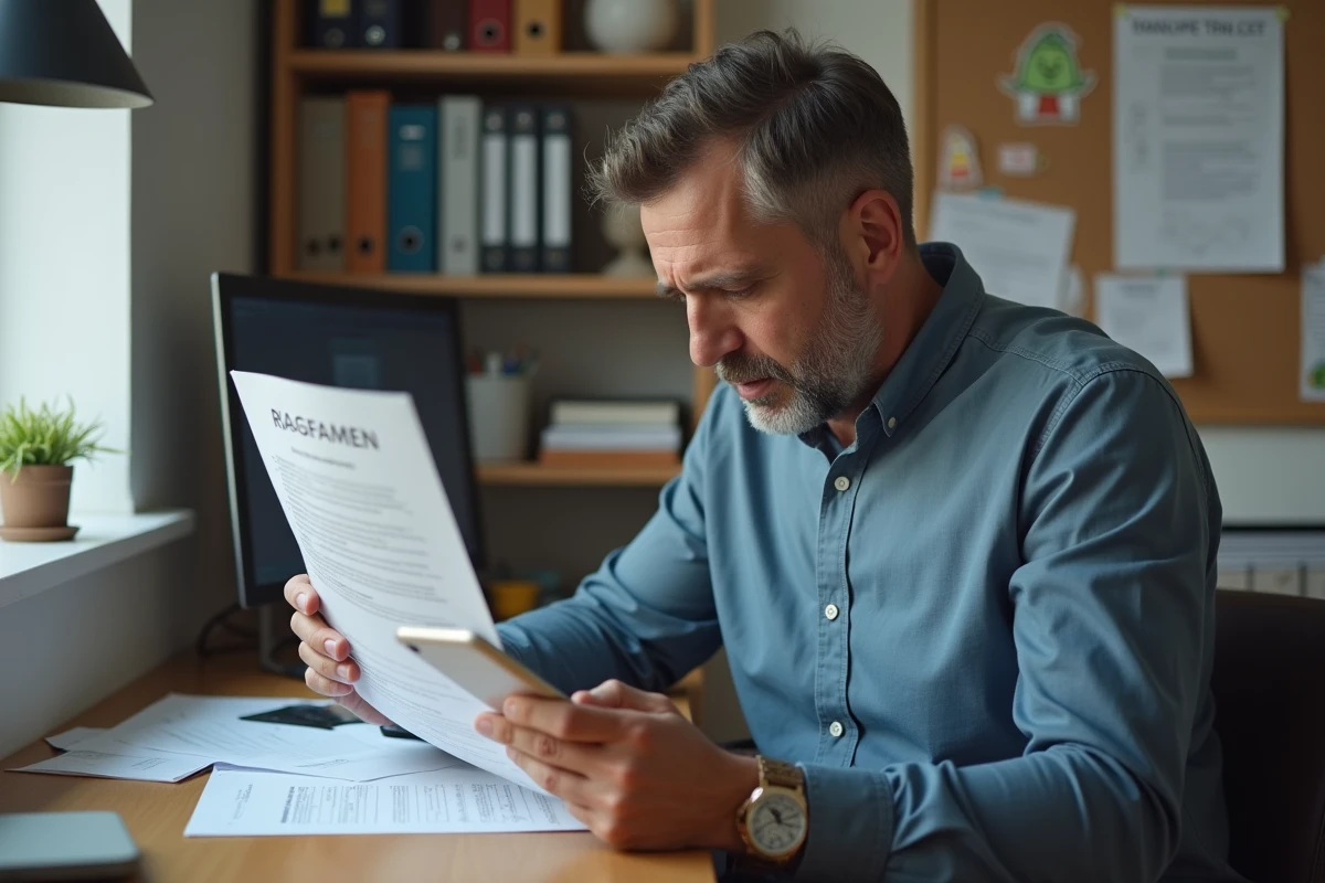 Parent solo masculin consultant des documents CAF dans un bureau à domicile pour simuler ses droits au congé parental
