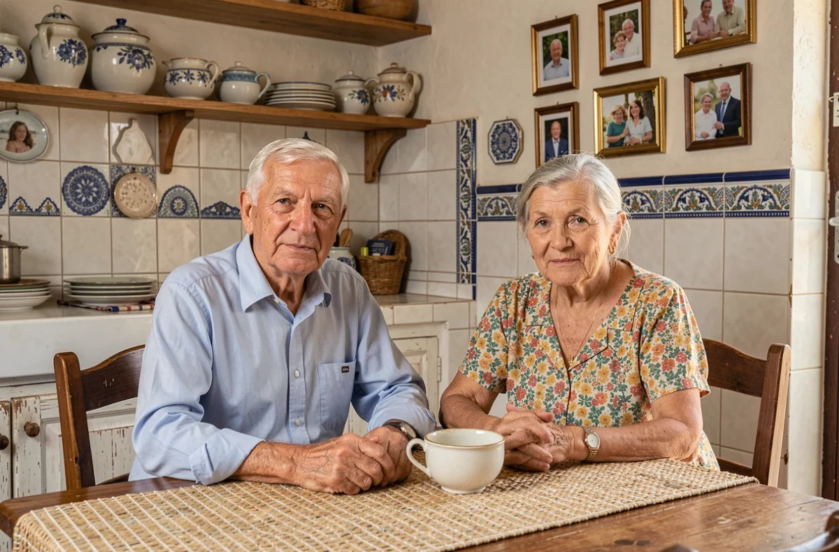 Couple de parents âgés aux origines culturelles diverses assis dans une cuisine familiale traditionnelle, représentant l'héritage et les racines qui façonnent le parcours de leurs enfants