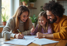 Parents et enfant discutant du rapport scolaire à la maison