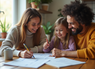 Parents et enfant discutant du rapport scolaire à la maison
