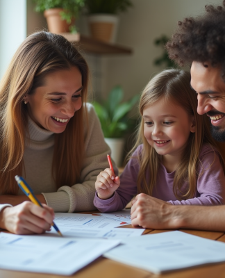 Parents et enfant discutant du rapport scolaire à la maison