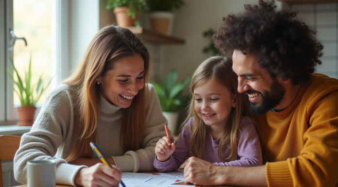 Parents et enfant discutant du rapport scolaire à la maison