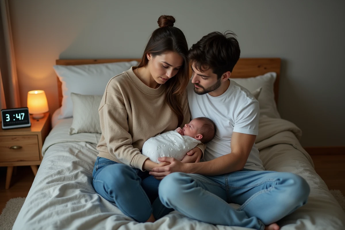 Couple de parents épuisés assis sur le lit à 4h du matin avec leur bébé endormi dans les bras