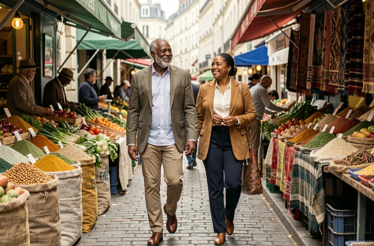 Couple d'origine maghrébine se promenant dans un marché français animé, évoquant l'intégration et le parcours de vie des parents immigrés