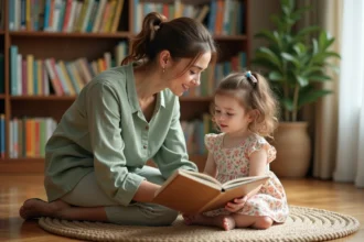 Femme adulte et jeune enfant partageant un livre illustré dans une bibliothèque chaleureuse, symbole de pédagogie bienveillante