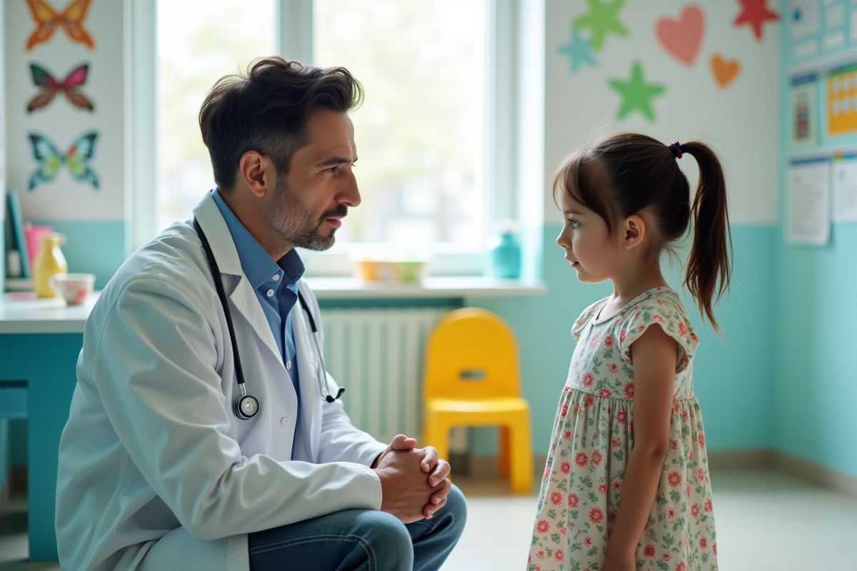 Pediatre examinant une fille de 8 ans dans une clinique colorée