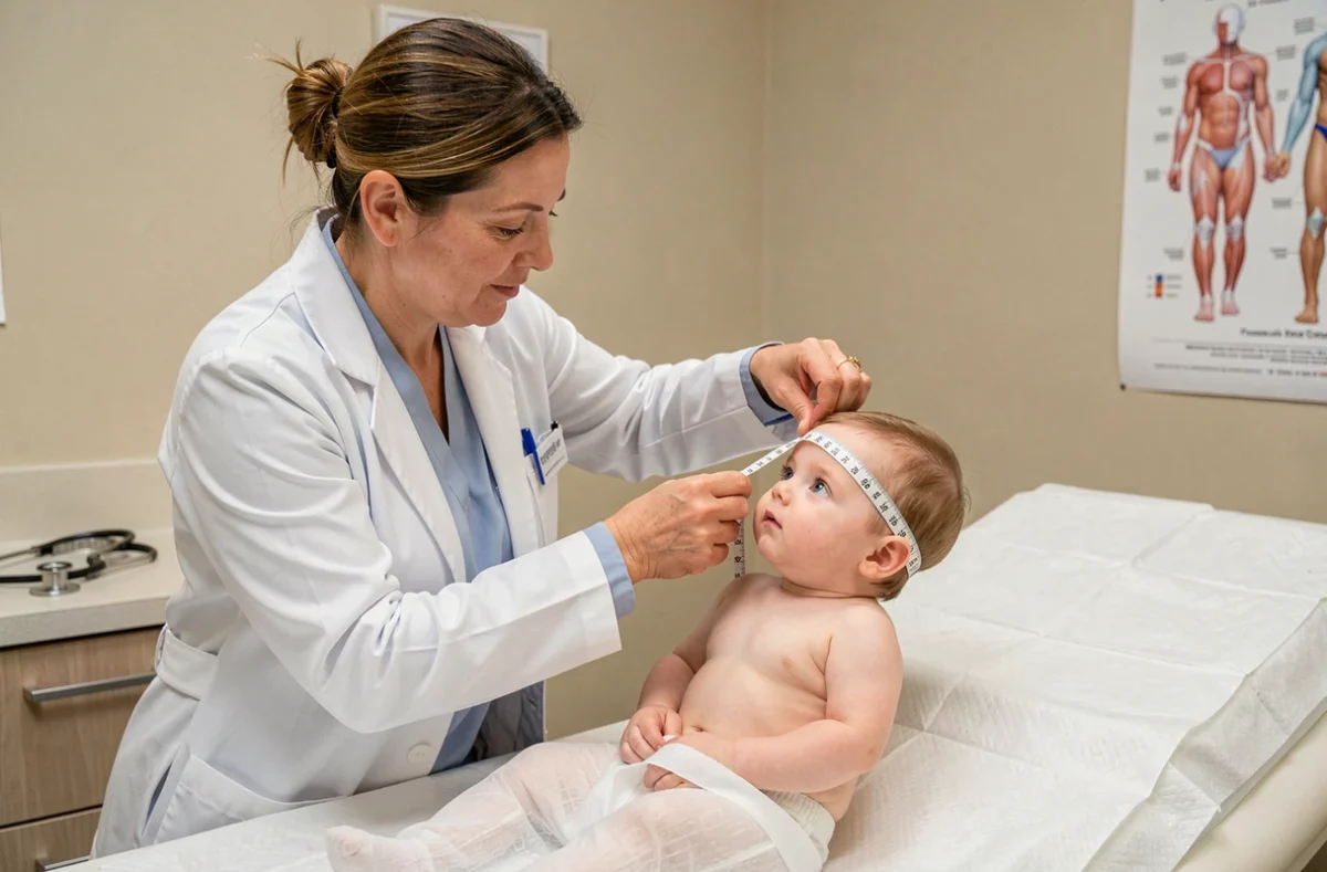Pédiatre mesurant le périmètre crânien d'un bébé lors d'une consultation médicale
