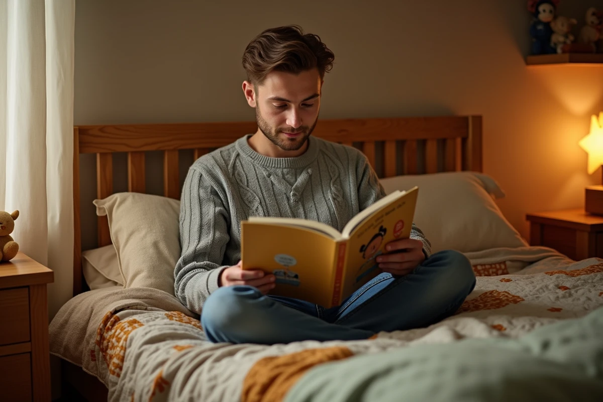 Père lisant le Petit Poucet à son enfant le soir dans une chambre chaleureuse et cosy