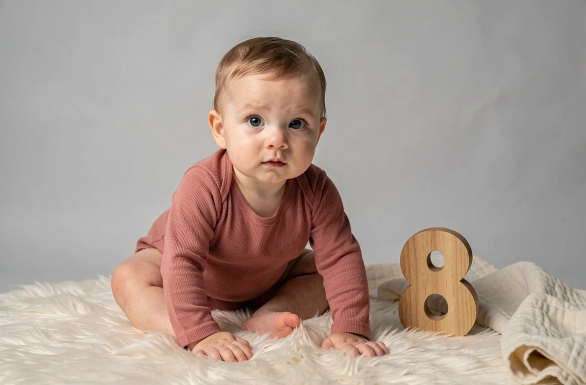 Bébé de huit mois assis seul sur un tapis moelleux avec le chiffre huit en bois, pose mensuelle mettant en valeur son développement moteur