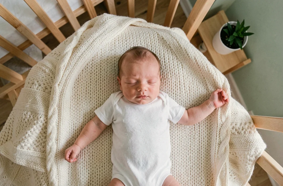 Bébé de un mois photographié en vue du dessus allongé sur une couverture en tricot crème, première pose mensuelle pour suivre son évolution