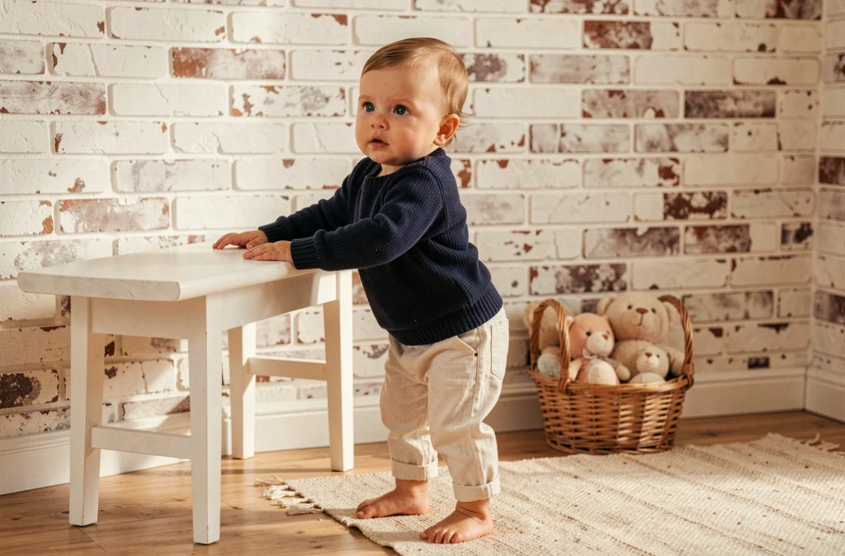 Bébé de onze mois debout en s'appuyant sur un banc en bois blanc, dernière photo de la série mensuelle illustrant l'évolution complète de l'enfant