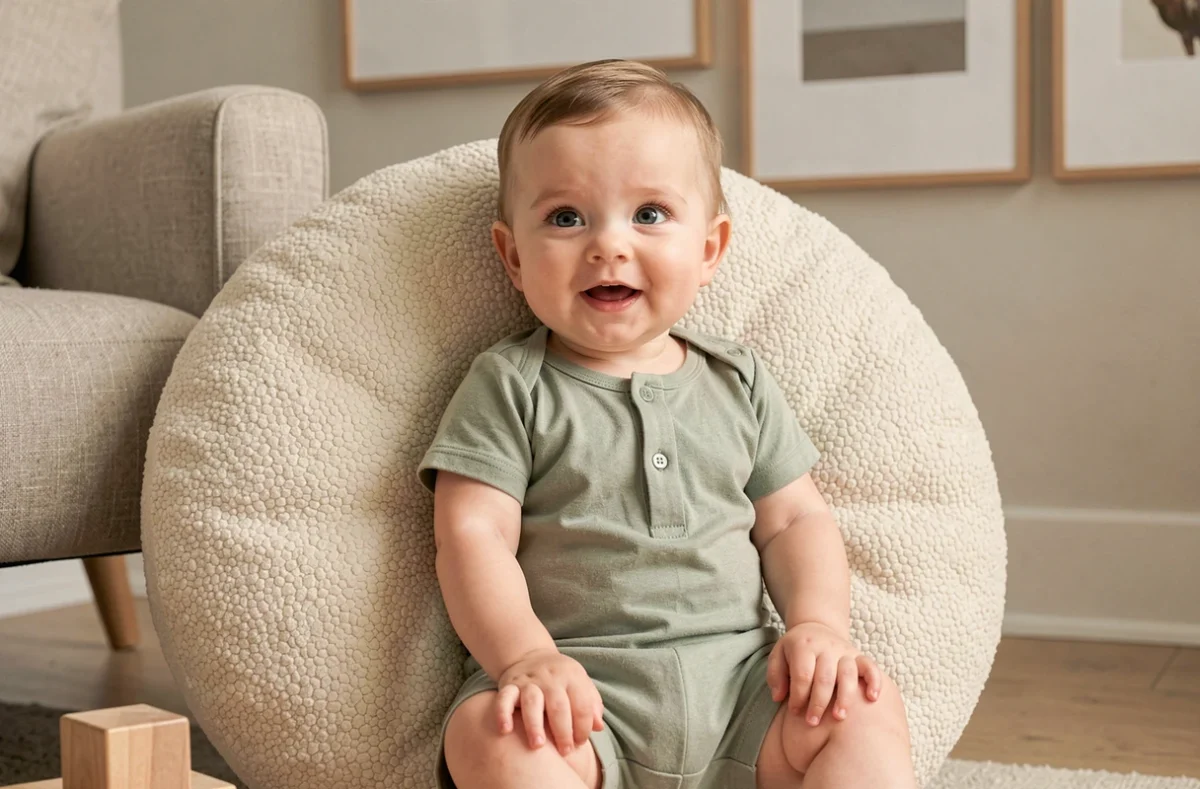 Bébé de quatre mois assis contre un coussin rond et souriant, photo mensuelle pour illustrer l'évolution de la posture et des expressions