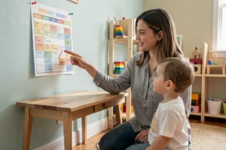 Mère et enfant en bas âge regardant ensemble un planning hebdomadaire imprimé coloré affiché sur le mur d'une salle de jeux à la maison