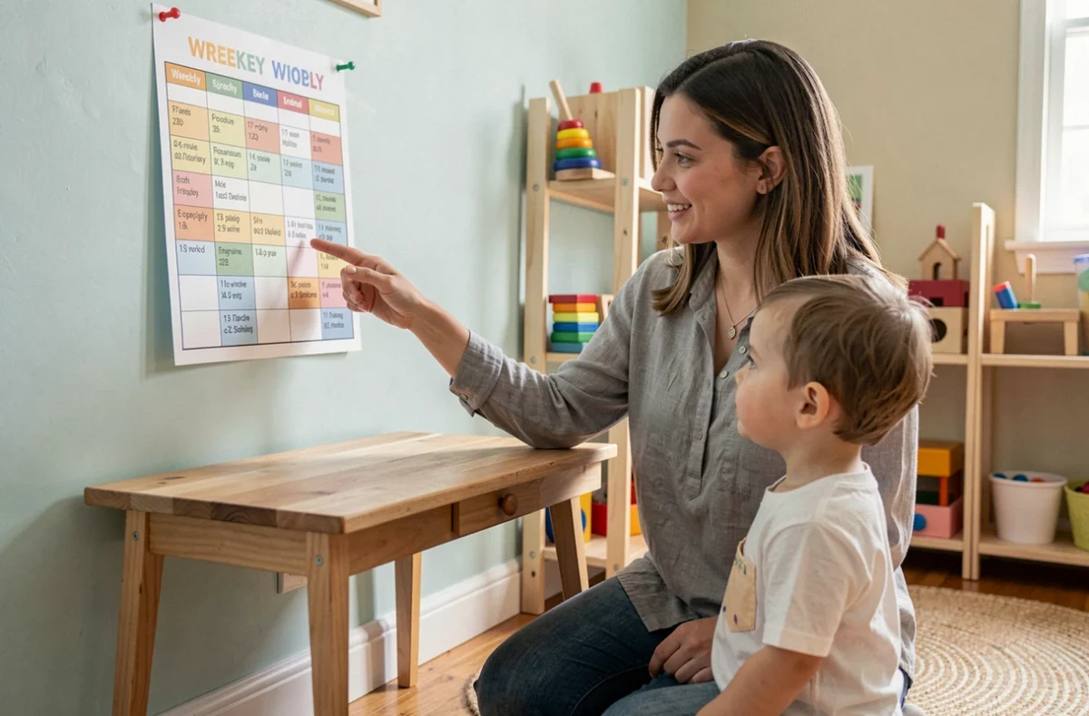 Mère et enfant en bas âge regardant ensemble un planning hebdomadaire imprimé coloré affiché sur le mur d'une salle de jeux à la maison