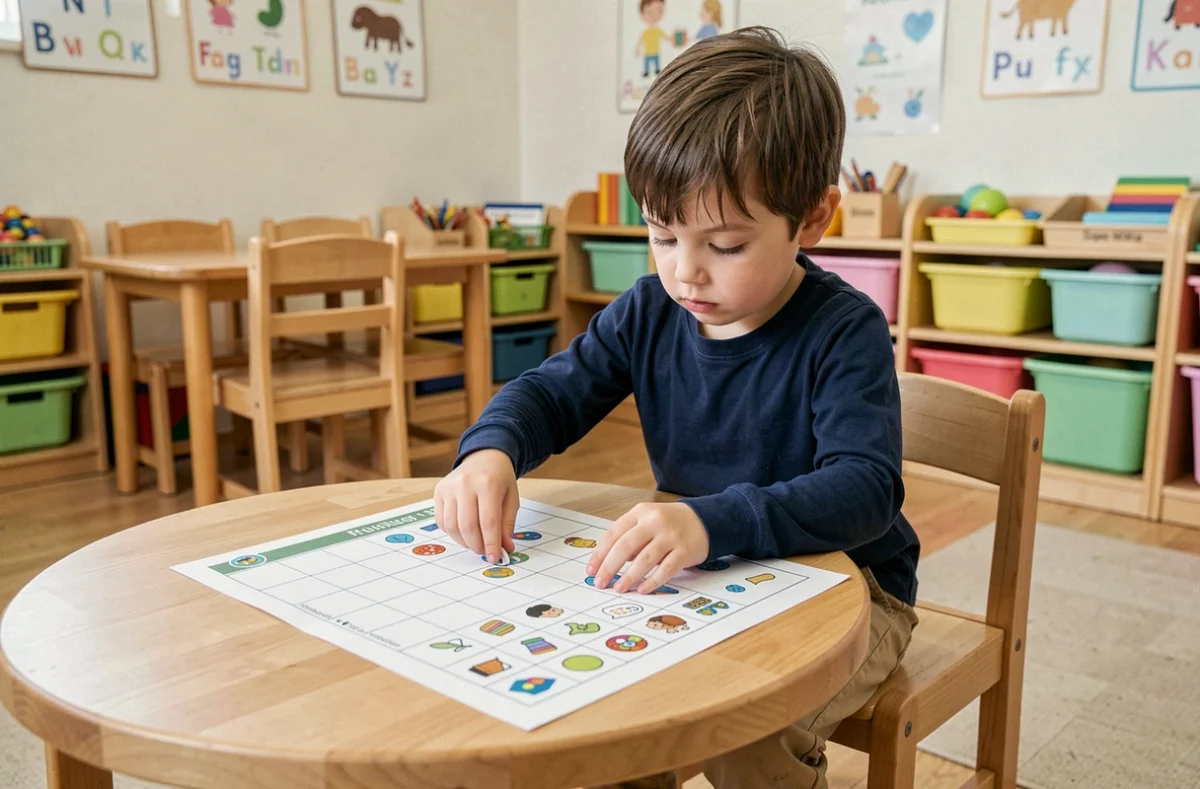 Enfant de maternelle concentré en train de coller des autocollants sur un planning journalier imprimé posé sur une table en bois dans une salle de classe