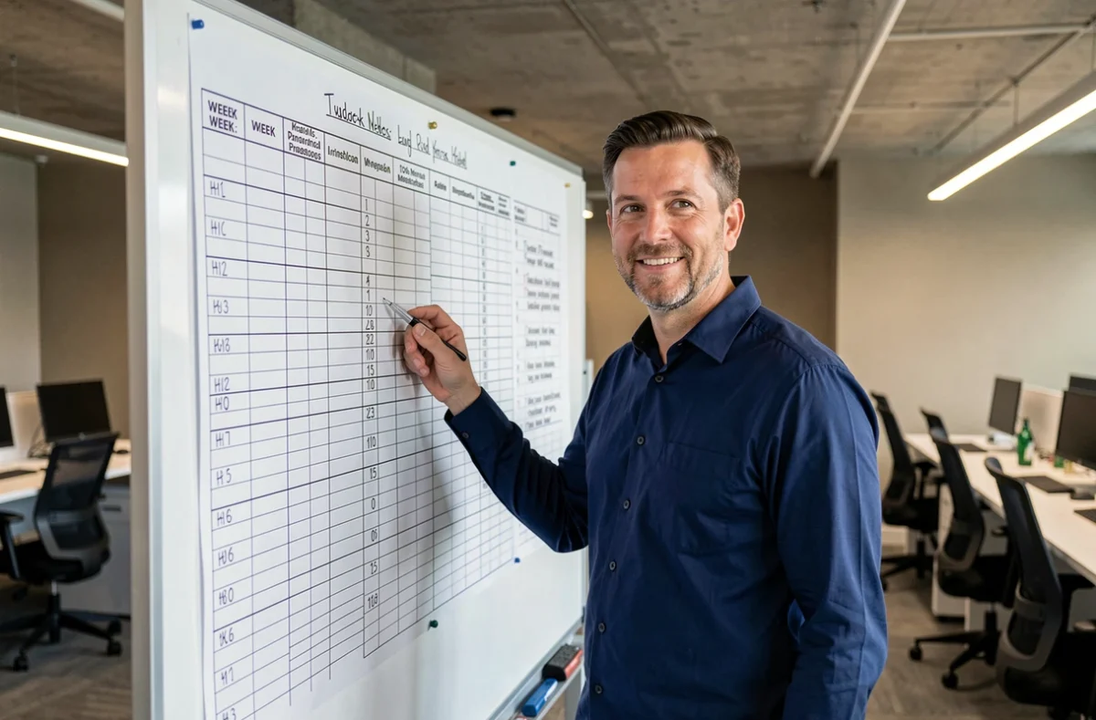 Homme pointant un planning hebdomadaire semaines paires impaires affiché sur tableau blanc en entreprise
