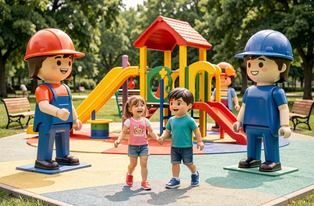 Enfants jouant parmi les grandes figurines colorées au Playmobil FunPark