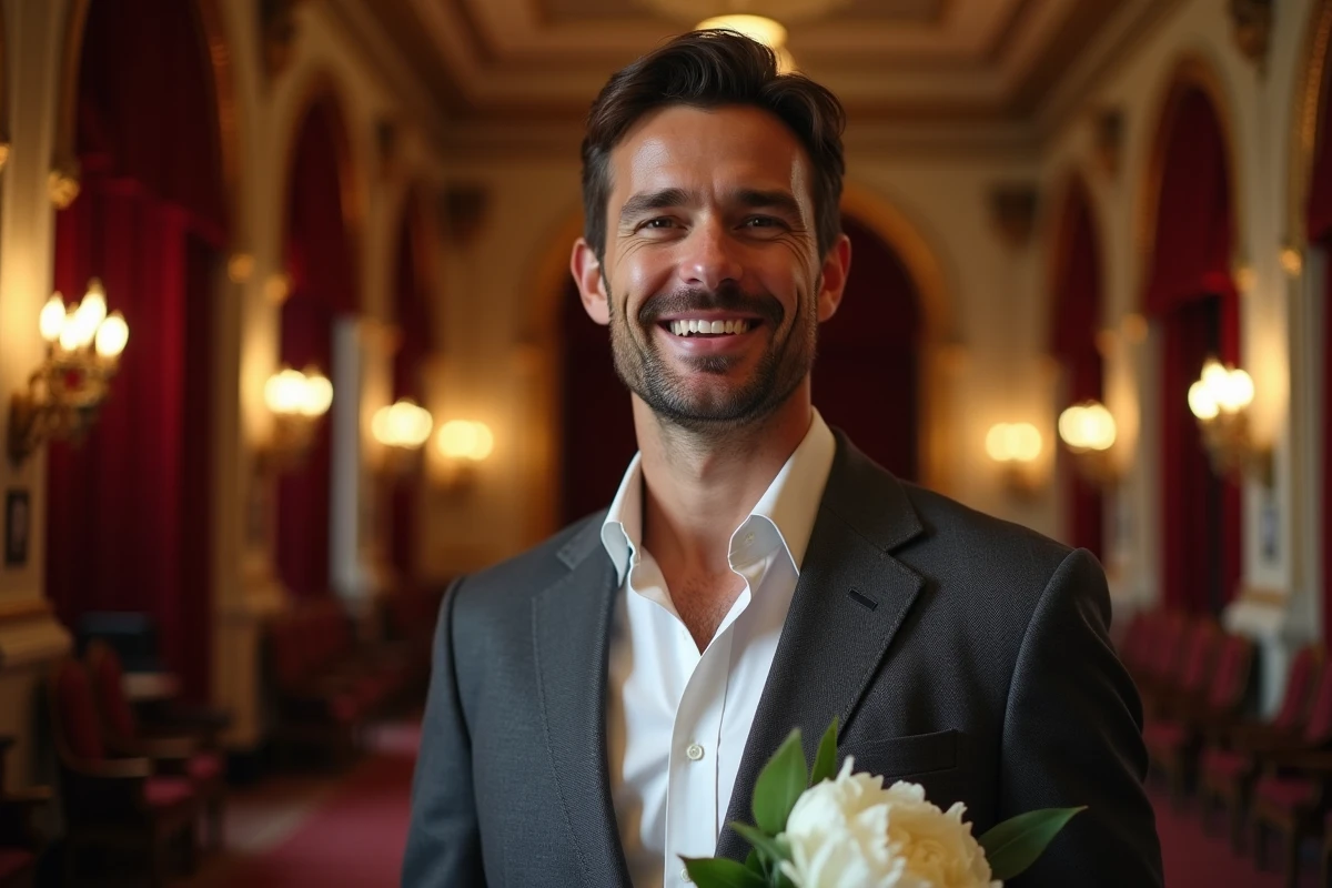 Portrait d'un homme élégant tenant des pivoines dans le lobby d'un théâtre parisien, évoquant une relation amoureuse et une vie publique assumée