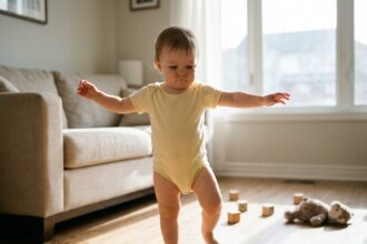 Bébé faisant ses premiers pas sur un plancher en bois dans un salon familial chaleureux, les bras levés pour l'équilibre