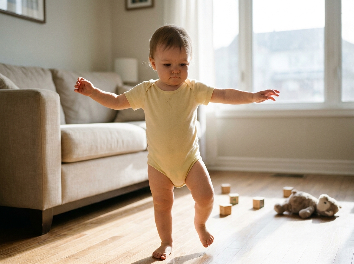 Bébé faisant ses premiers pas sur un plancher en bois dans un salon familial chaleureux, les bras levés pour l'équilibre