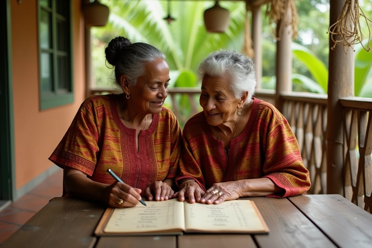 Grand-mère martiniquaise en blouse madras partageant un registre de prénoms anciens avec sa petite-fille sur une véranda créole