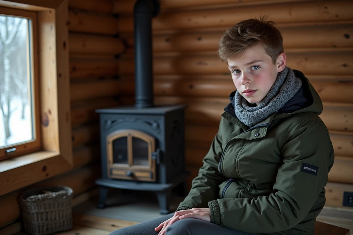 Adolescent aux traits nordiques assis dans un chalet en bois traditionnel scandinave, illustrant les prénoms nordiques virils pour garçon