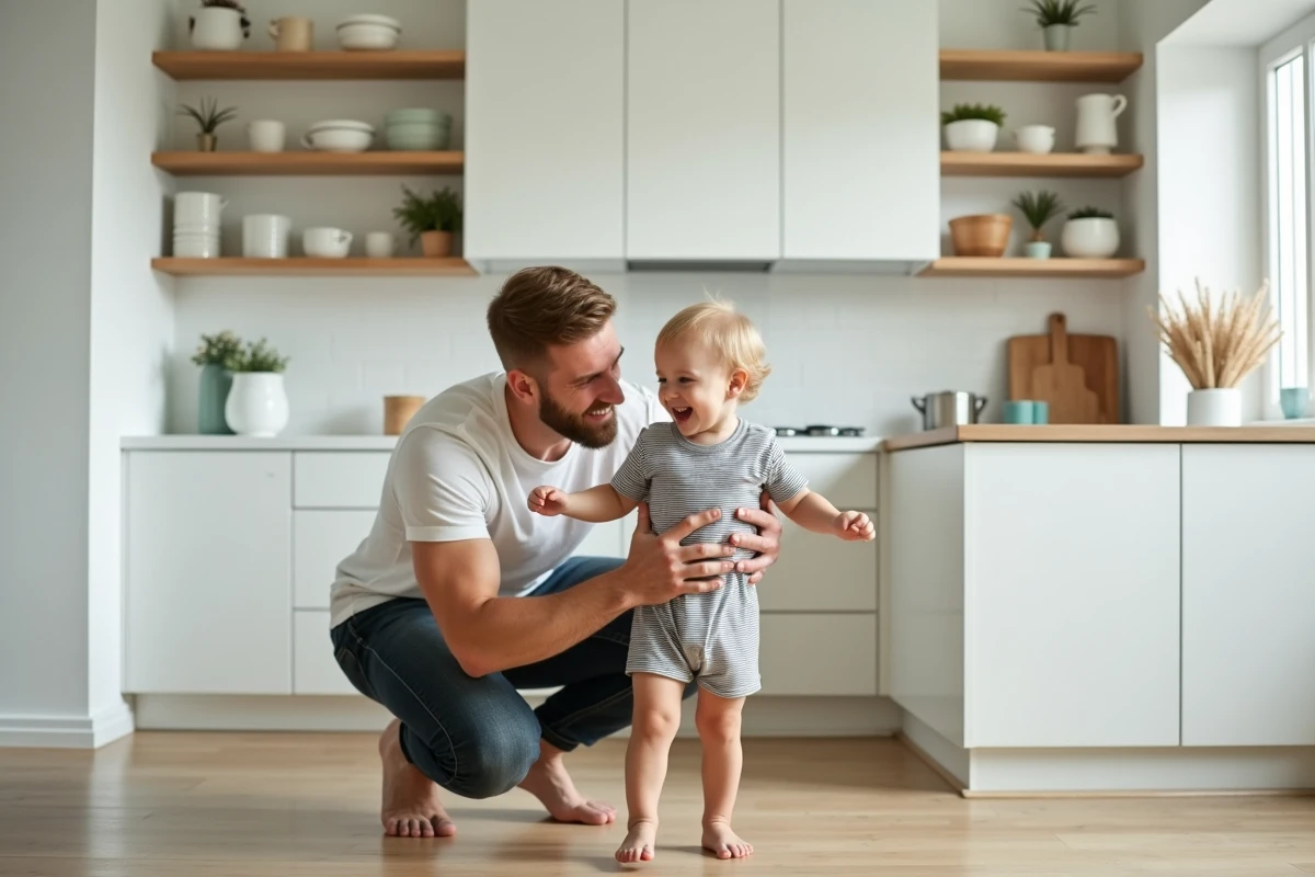 Père scandinave et jeune garçon dans une cuisine nordique épurée, évoquant les prénoms nordiques masculins faciles à vivre