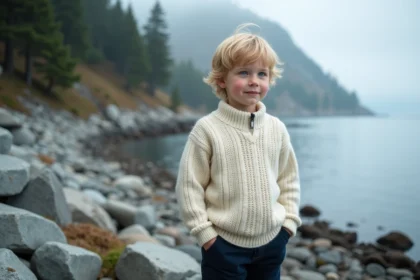 Jeune garçon scandinave au prénom nordique en pull en laine sur un rivage rocheux avec fjord brumeux en arrière-plan