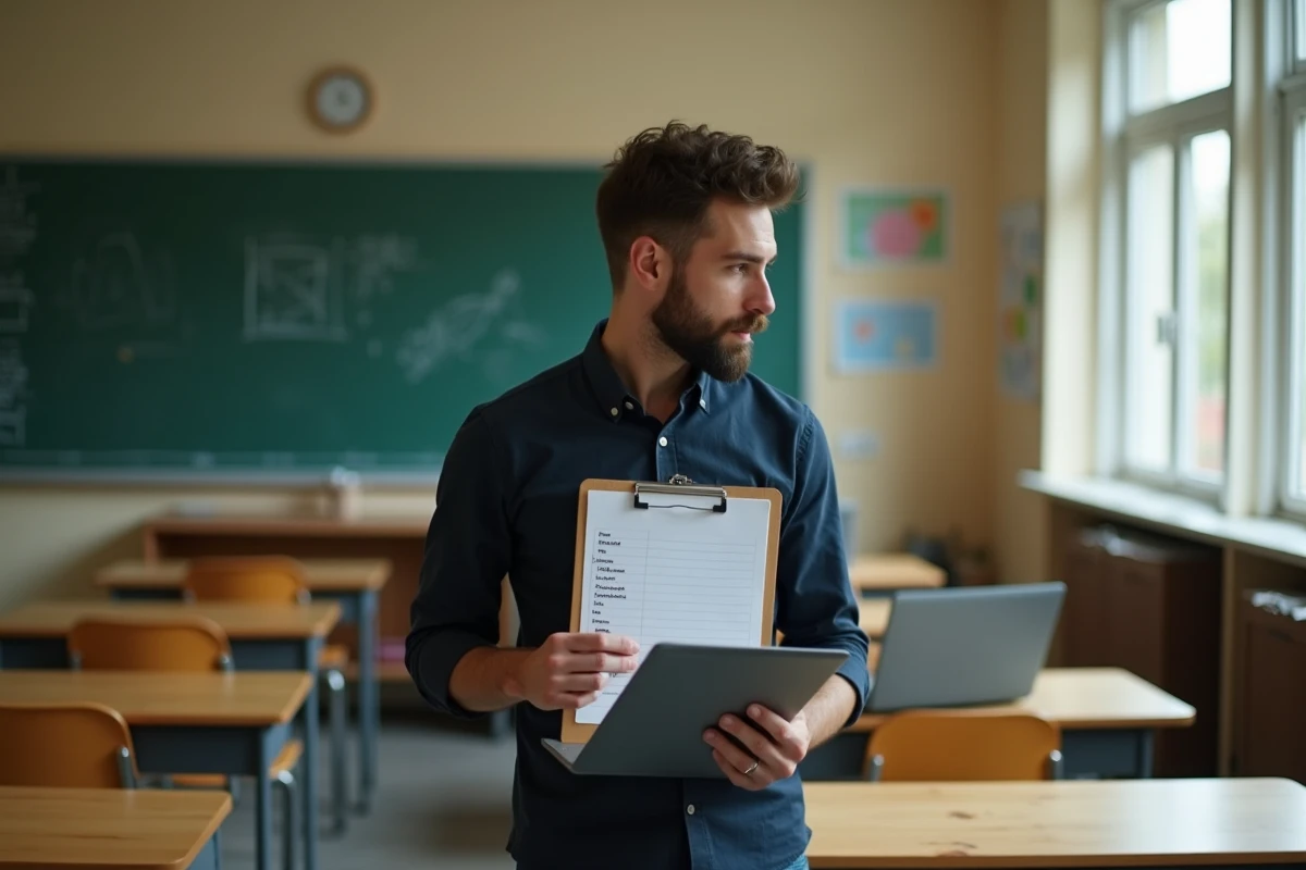 Professeur de collège tenant une liste papier devant un ordinateur affichant un outil de gestion de classe numérique dans une salle de cours