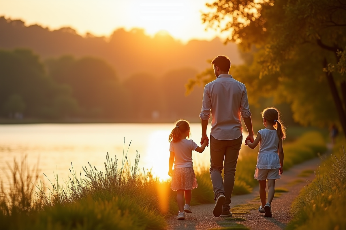 Couple et enfants marchant au bord du lac au coucher du soleil