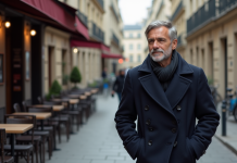 Marcher en ville : le bon côté de la rue pour un homme en France Homme en manteau dans une rue parisienne calme