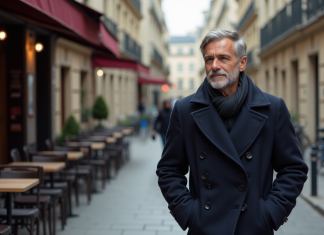 Marcher en ville : le bon côté de la rue pour un homme en France Homme en manteau dans une rue parisienne calme