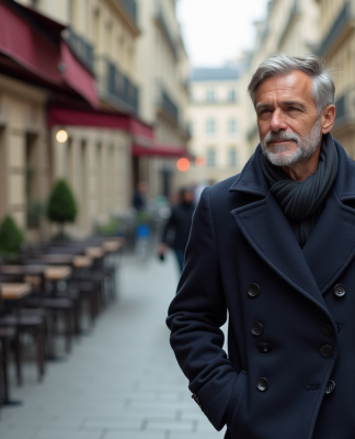 Homme en manteau dans une rue parisienne calme