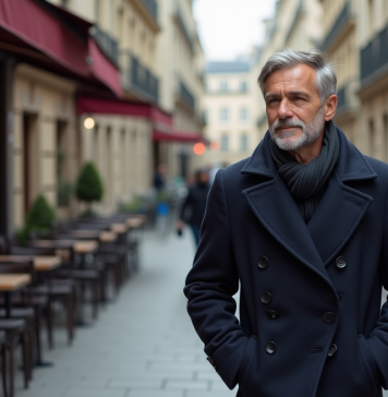 Homme en manteau dans une rue parisienne calme