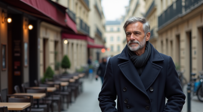 Homme en manteau dans une rue parisienne calme