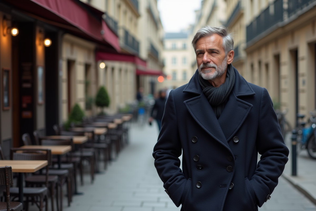 Homme en manteau dans une rue parisienne calme