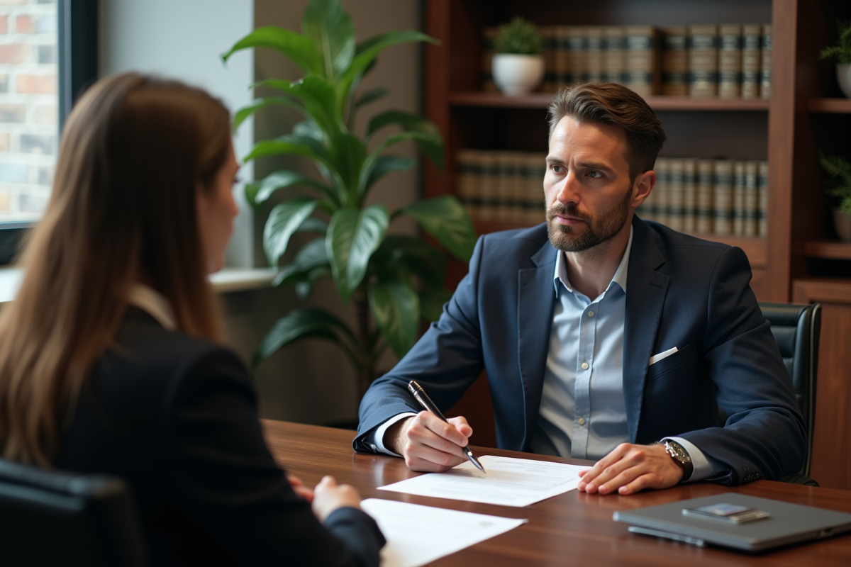 Discussion entre un homme et une avocate dans un bureau