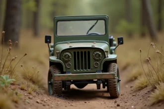 Réplique miniature de Jeep Willys pour enfant garée sur un chemin de terre en pleine nature, finition vert olive mate avec traces de poussière réalistes