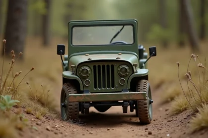 Réplique miniature de Jeep Willys pour enfant garée sur un chemin de terre en pleine nature, finition vert olive mate avec traces de poussière réalistes