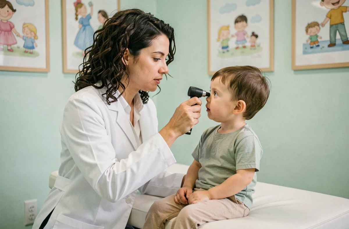 La pédiatre Amélie Robinet examinant l'oreille d'un enfant en bas âge dans son cabinet en Loire-Atlantique